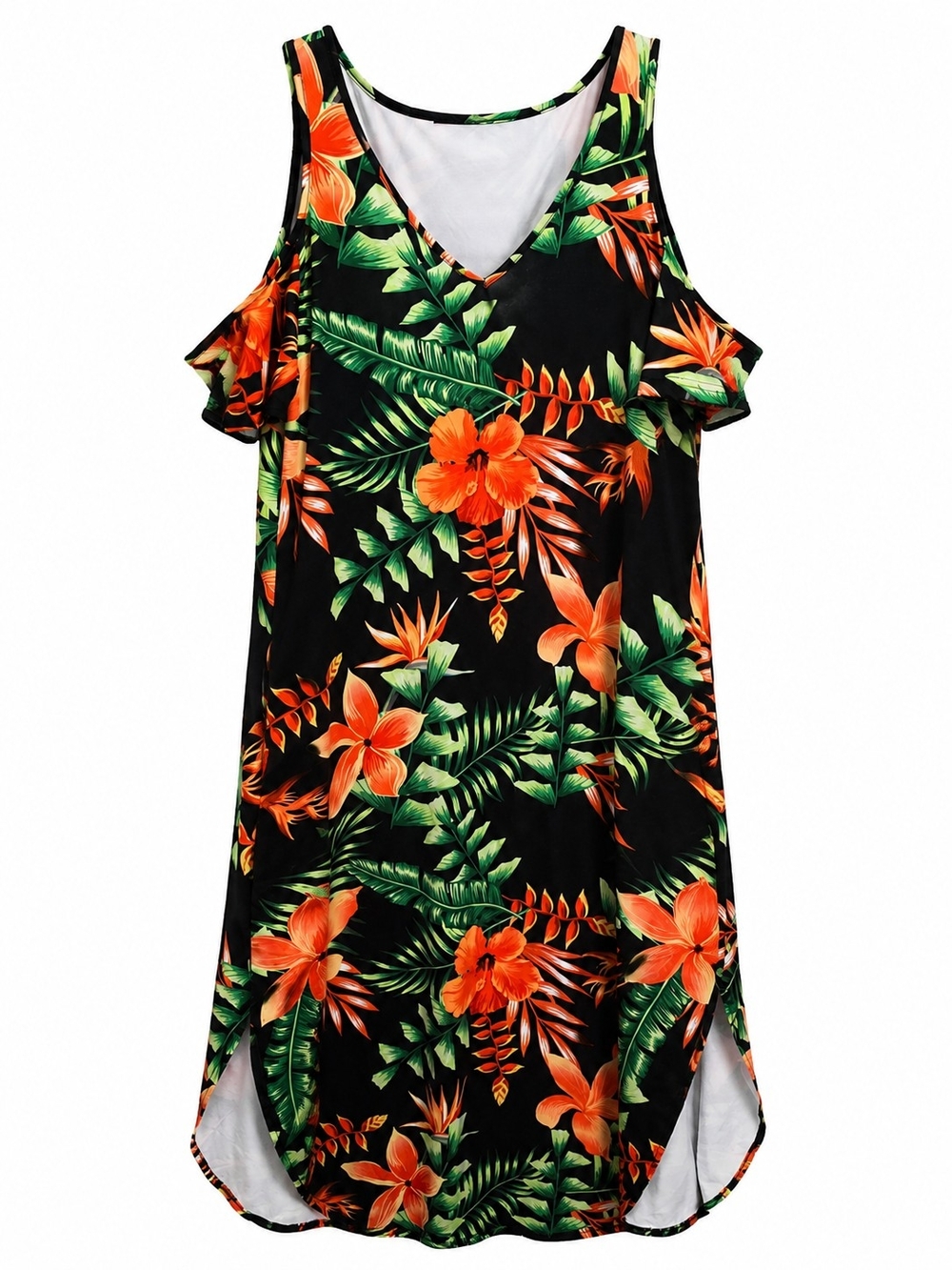 Women's Tropical Cold-Shoulder V-Neck Dress - Black with Orange Floral